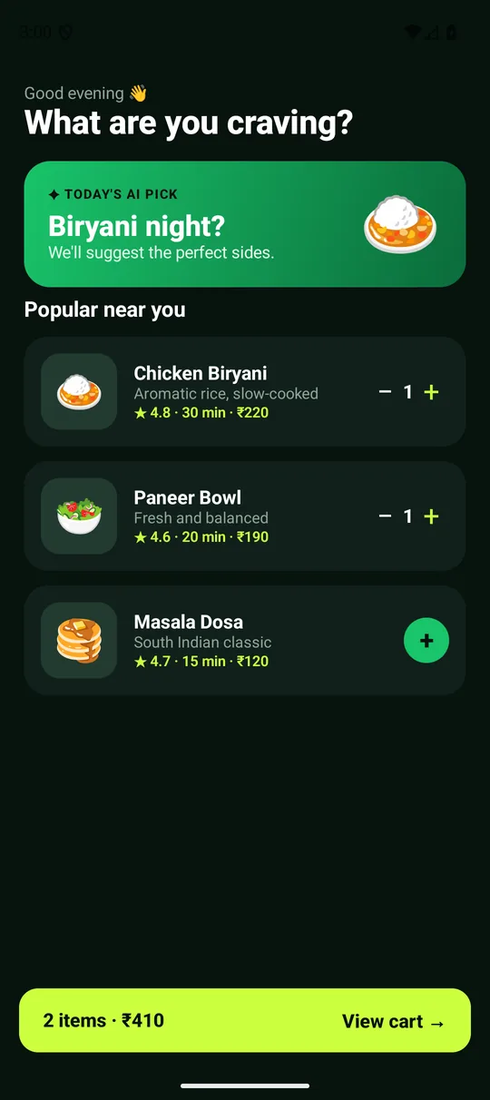 Menu screen of the food-ordering app you build: dish cards, ratings and a live cart bar